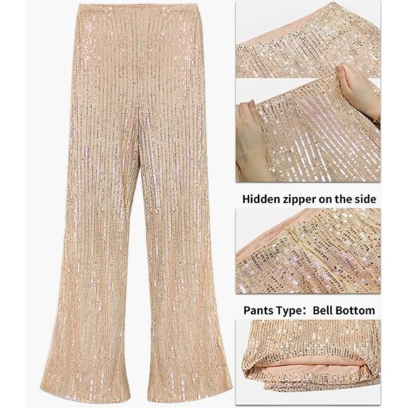 Champagne Gold Sequin High Waist Elastic Flare Bell Bottom Palazzo Trouser Pants - Picture 4 of 7